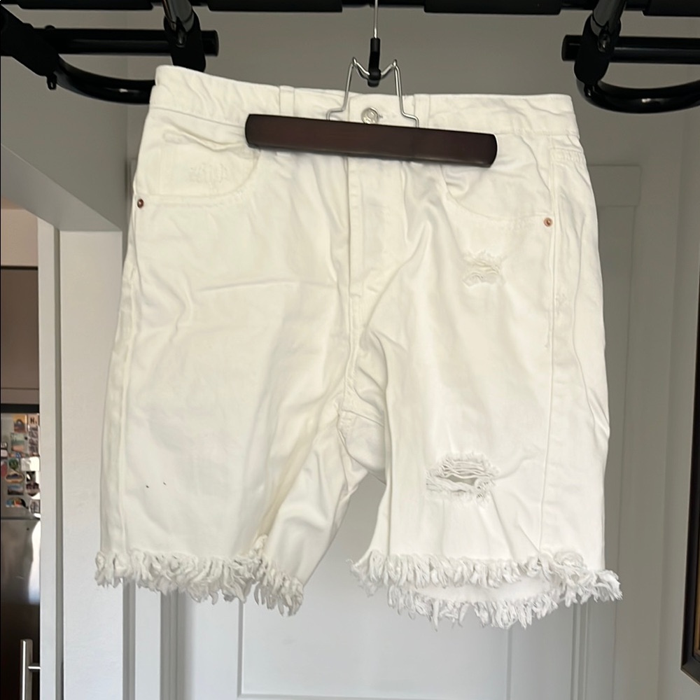 White Distressed Bermuda Shorts with Frayed Hem
